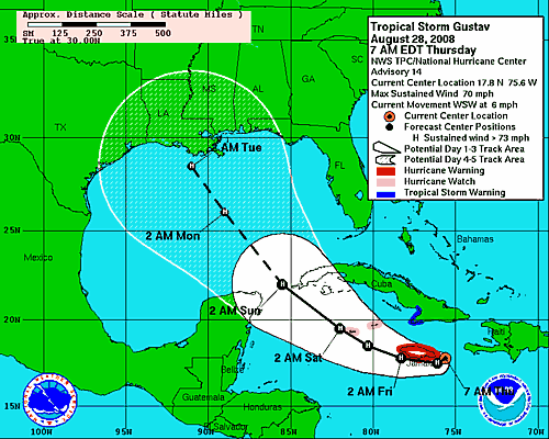 [Image of 5-day forecast of predicted track, and coastal areas under a warning or a watch]