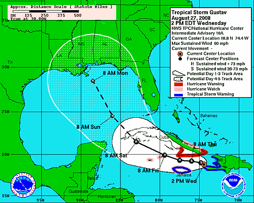 [Image of 5-day forecast of predicted track, and coastal areas under a warning or a watch]